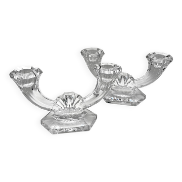 Ensemble de 2 chandeliers double feux en cristal • cristallerie de val saint-lambert • 1953 • belgiq