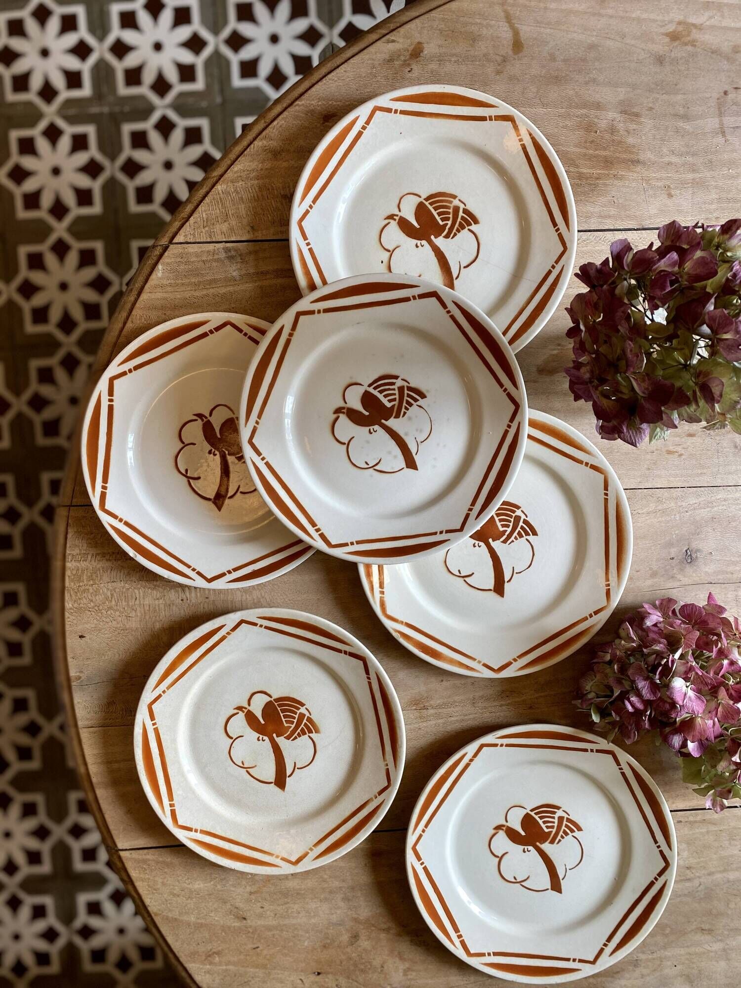 Set of 6 vintage flat plates in iron earth, Paradis de Badonvillier models