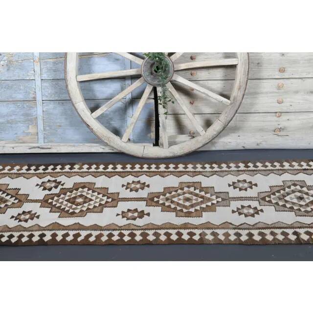 Tapis couloir vintage en laine et coton turc noué à la main blanc 90x307