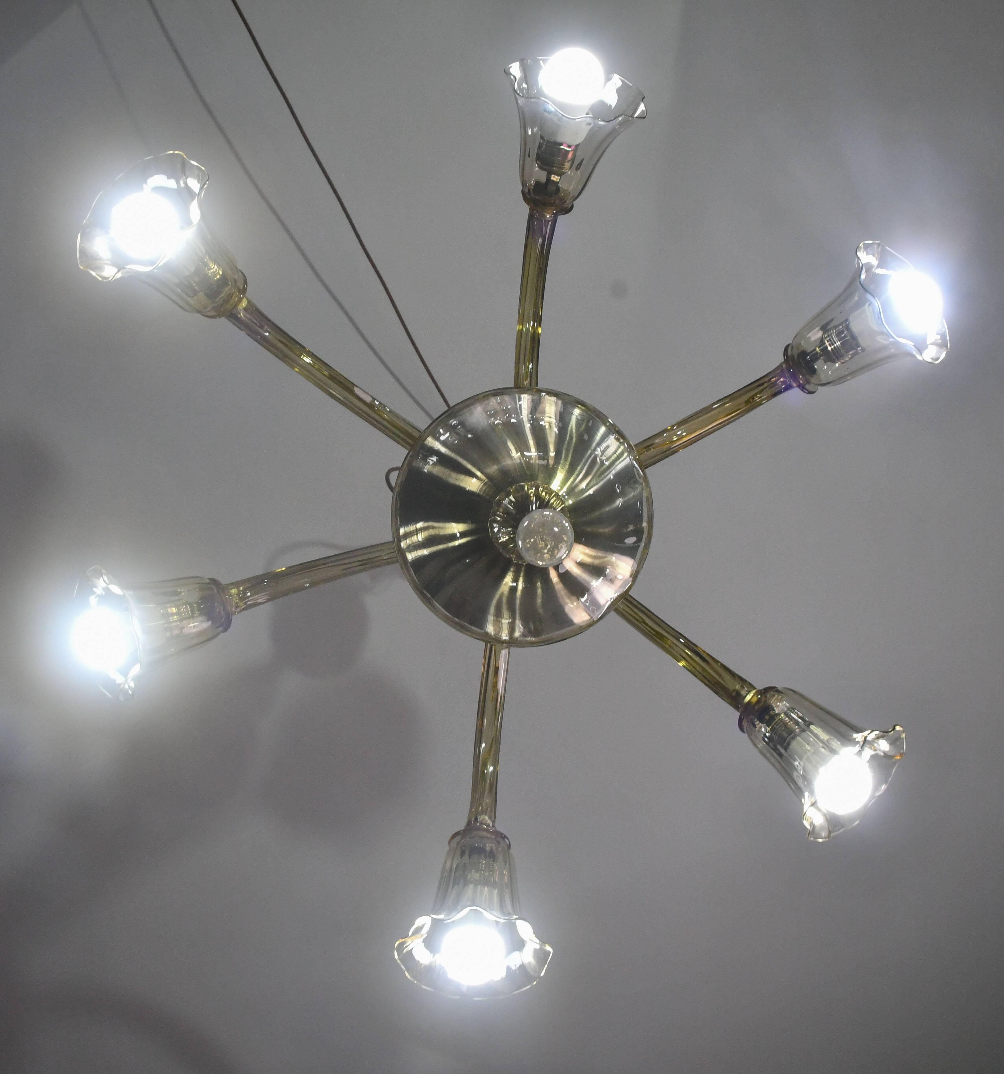 Lustre en verre de Murano vintage, couleur ambre, six lumières, design des années 1950.