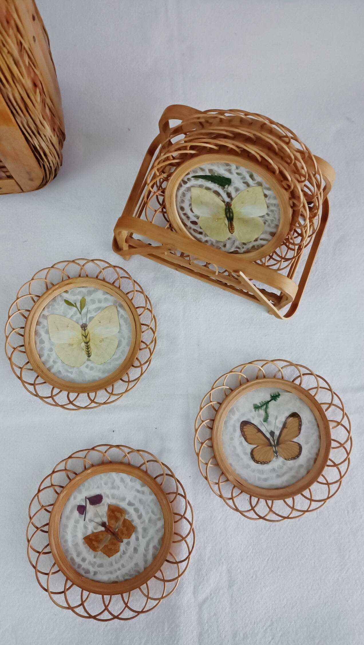 Set of 6 butterfly wicker coasters