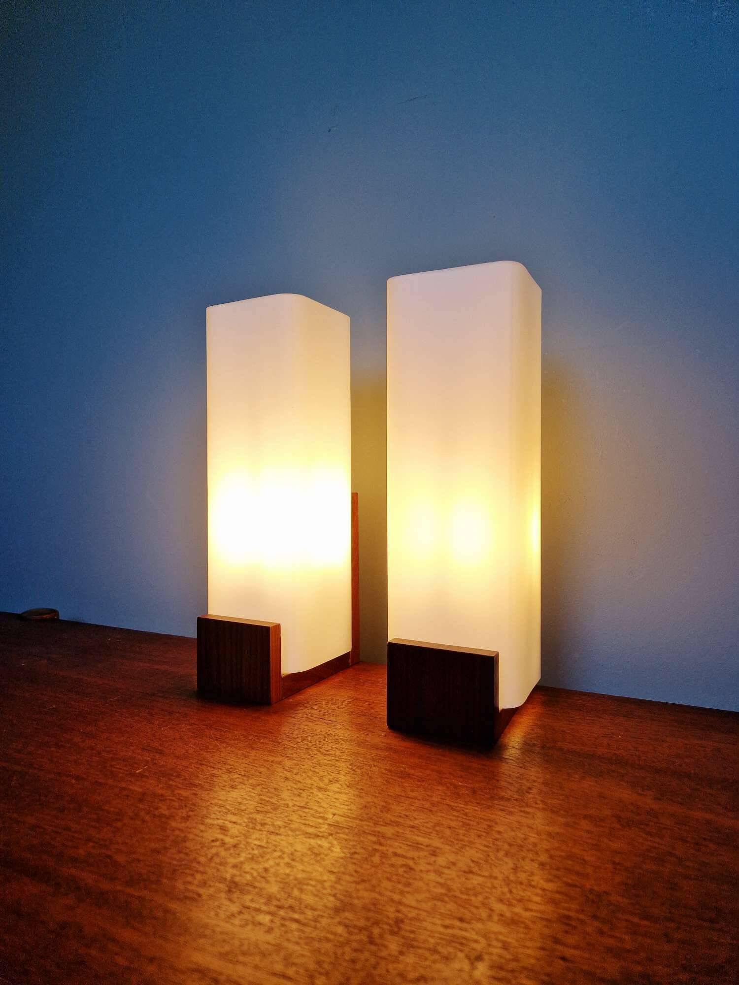 Pair of teak and white opaline wall lights, designed by Louis Kalff, 1960