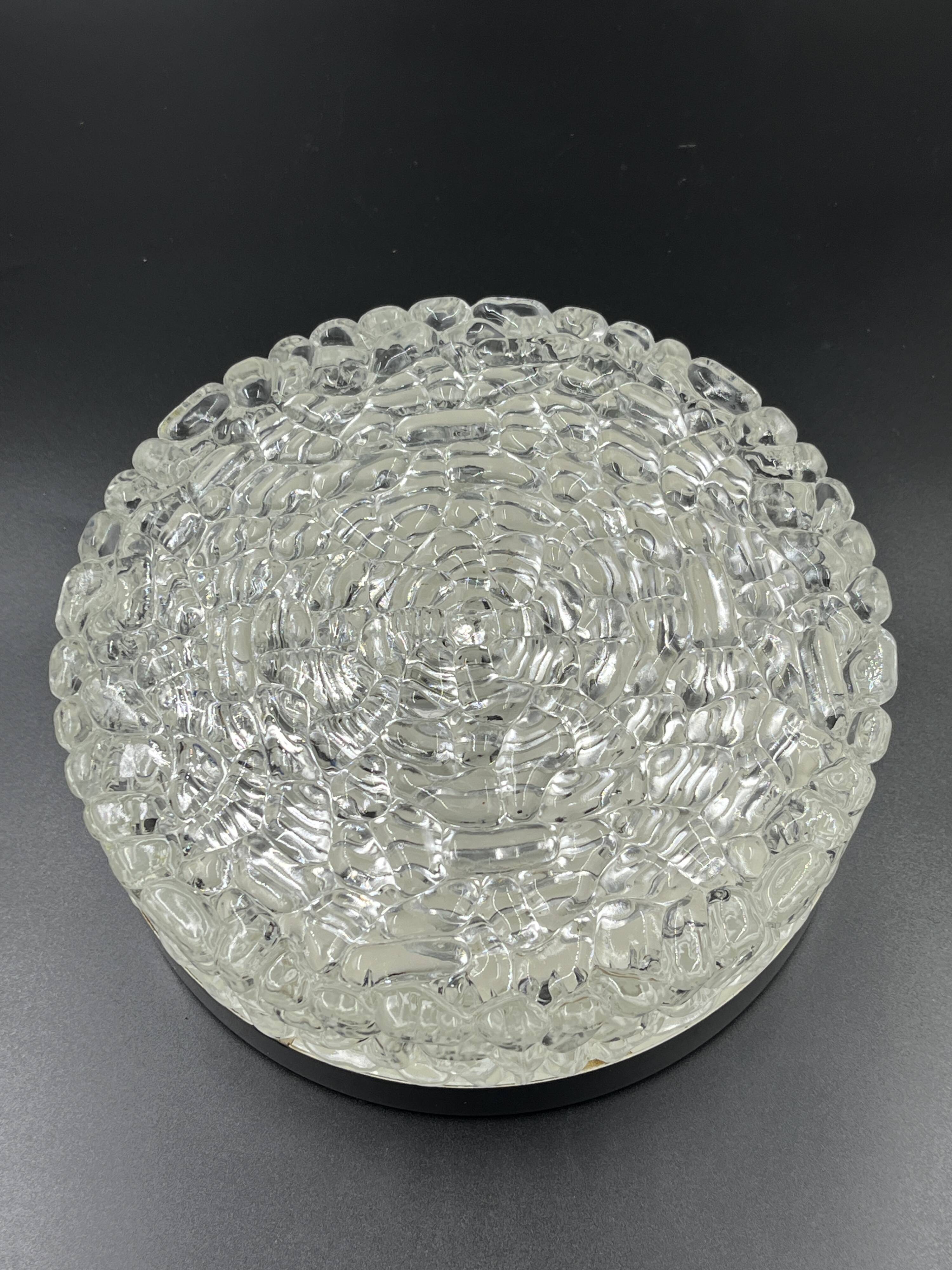 Vintage glacier glass Brutalist round ceiling light.
