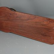 Alcohol service: bottle - 7 golden puffed glasses, vintage mahogany tray 50s sb