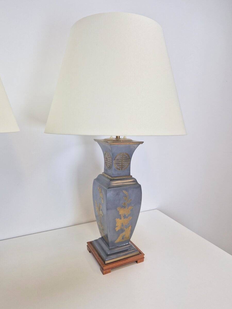 Vintage Asian Table Lamps in Pewter and Brass, 1950s, Set of 2