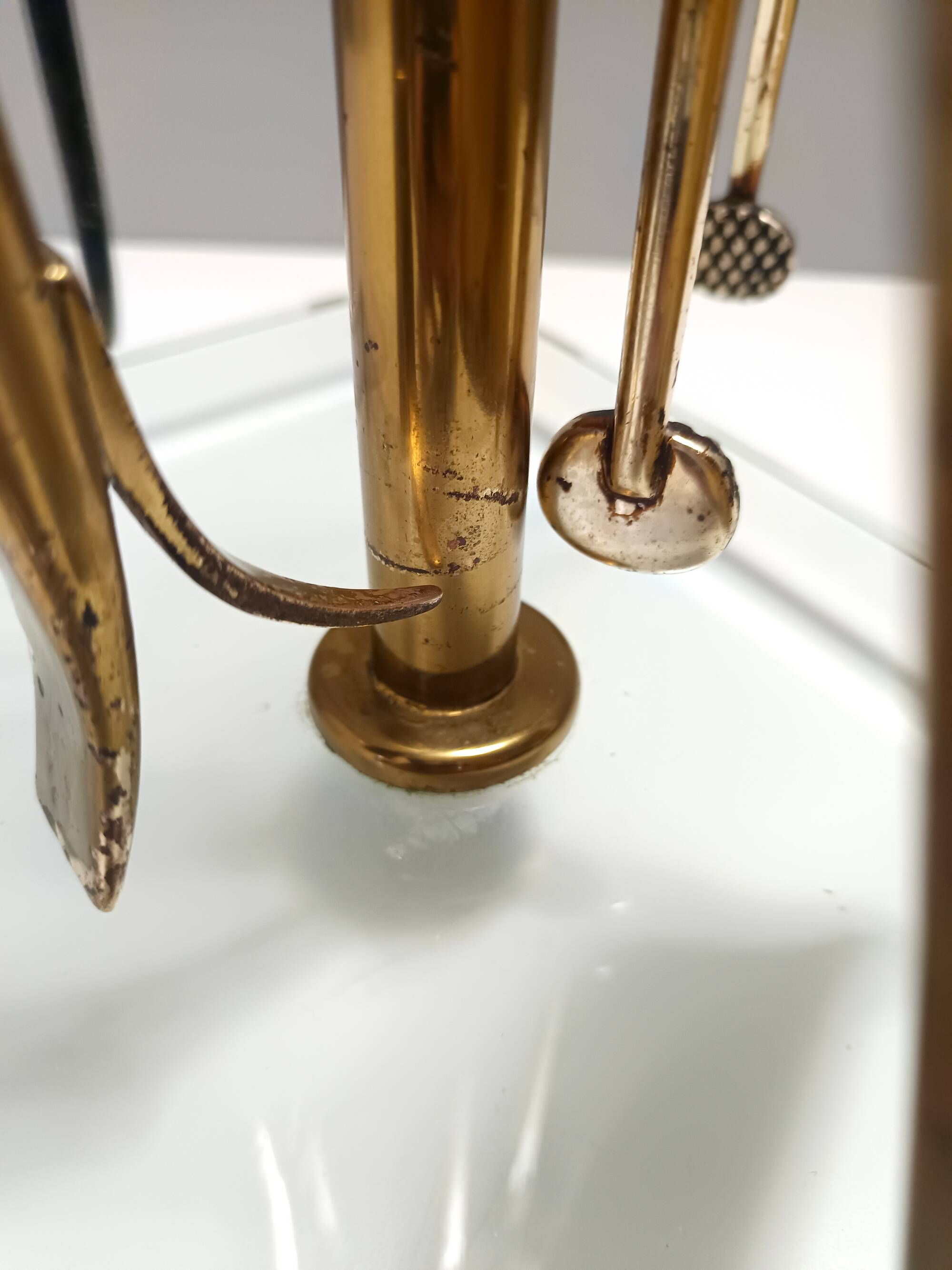 Brass, Iron and Thick Glass Fireplace Tools Set attr. to Fontana Arte