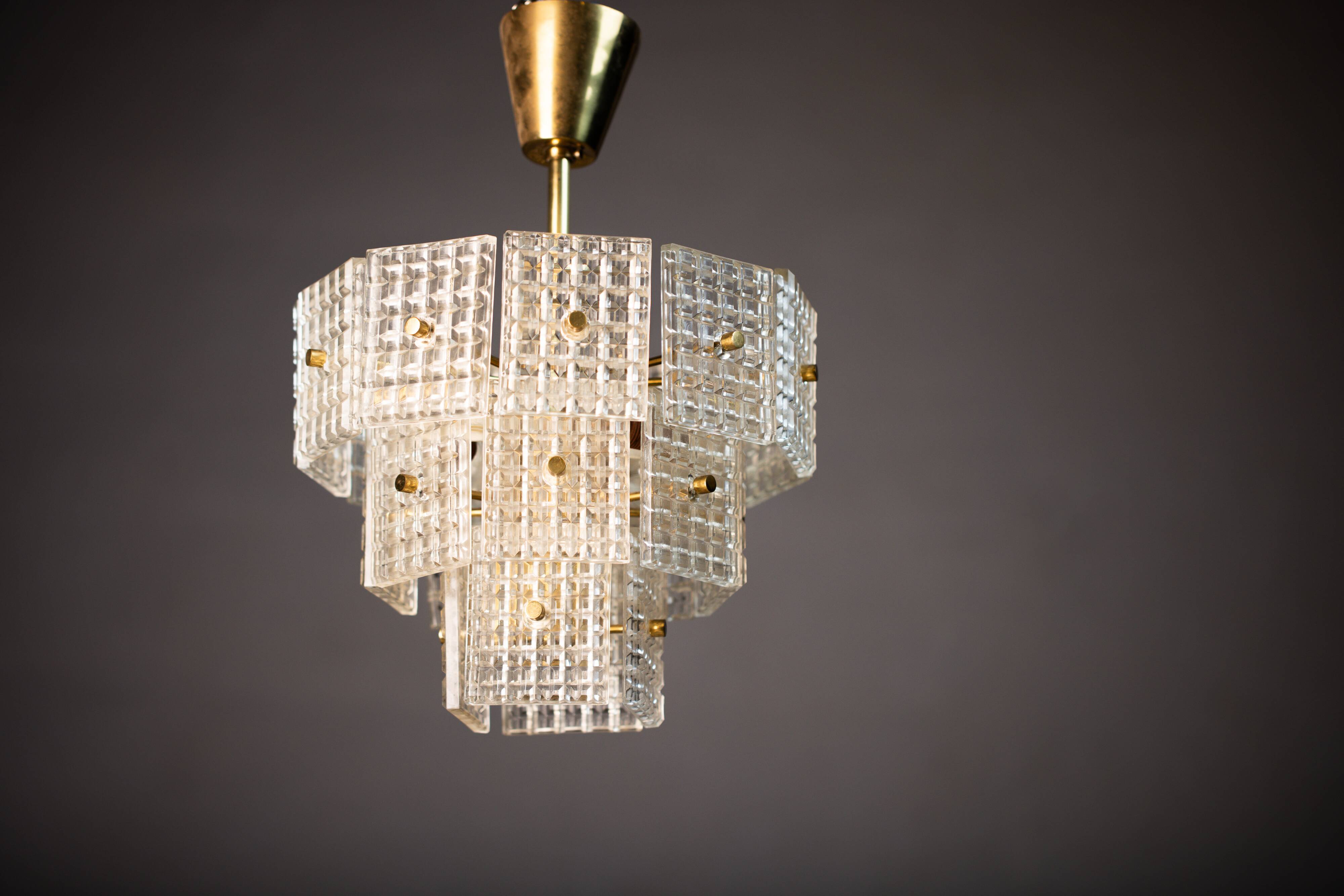 Vintage Embossed Glass Chandelier: 1970s Brass Pendant Lamp