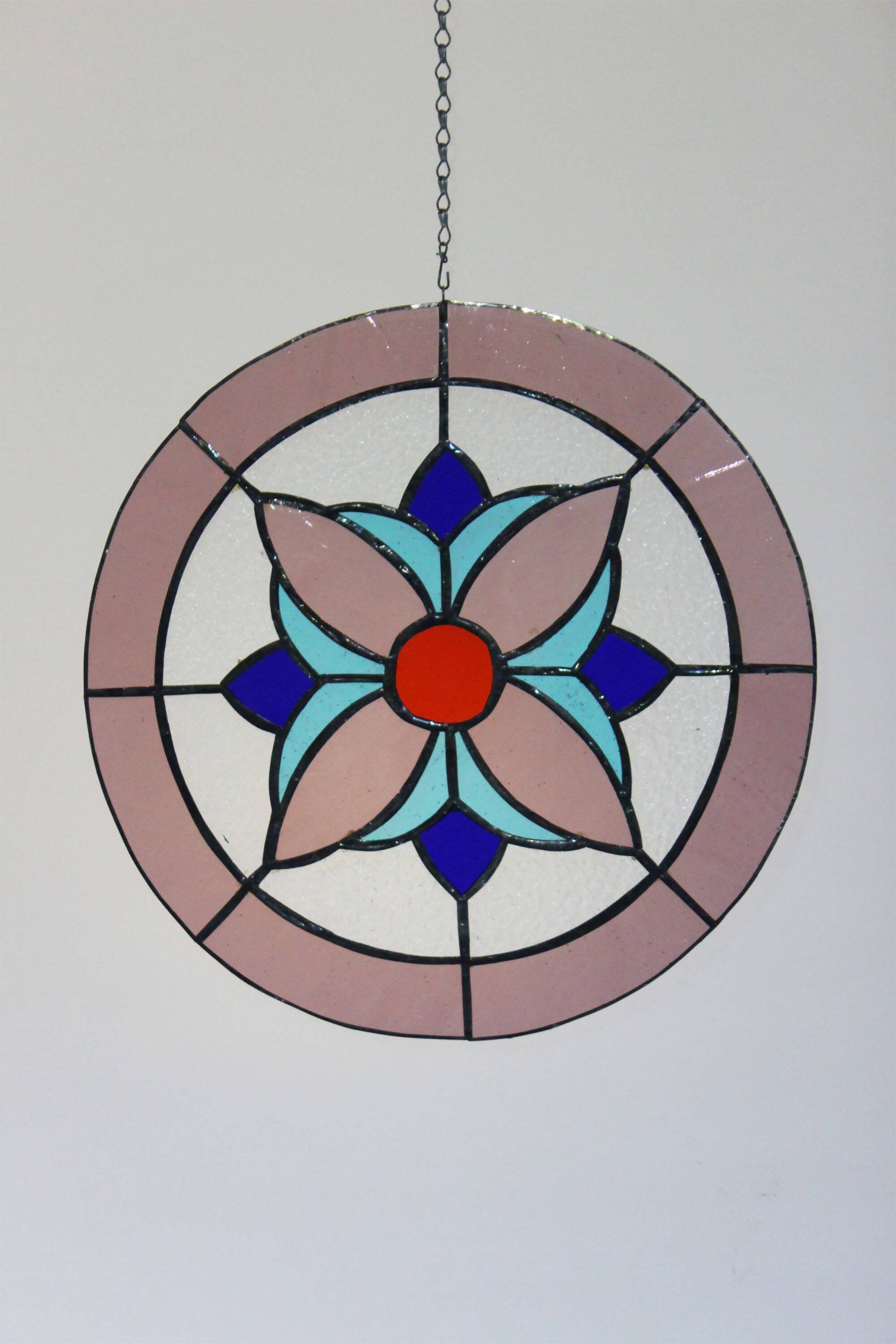 Vitrail circulaire décoratif à motif floral – Verre coloré fait main, Ø 40