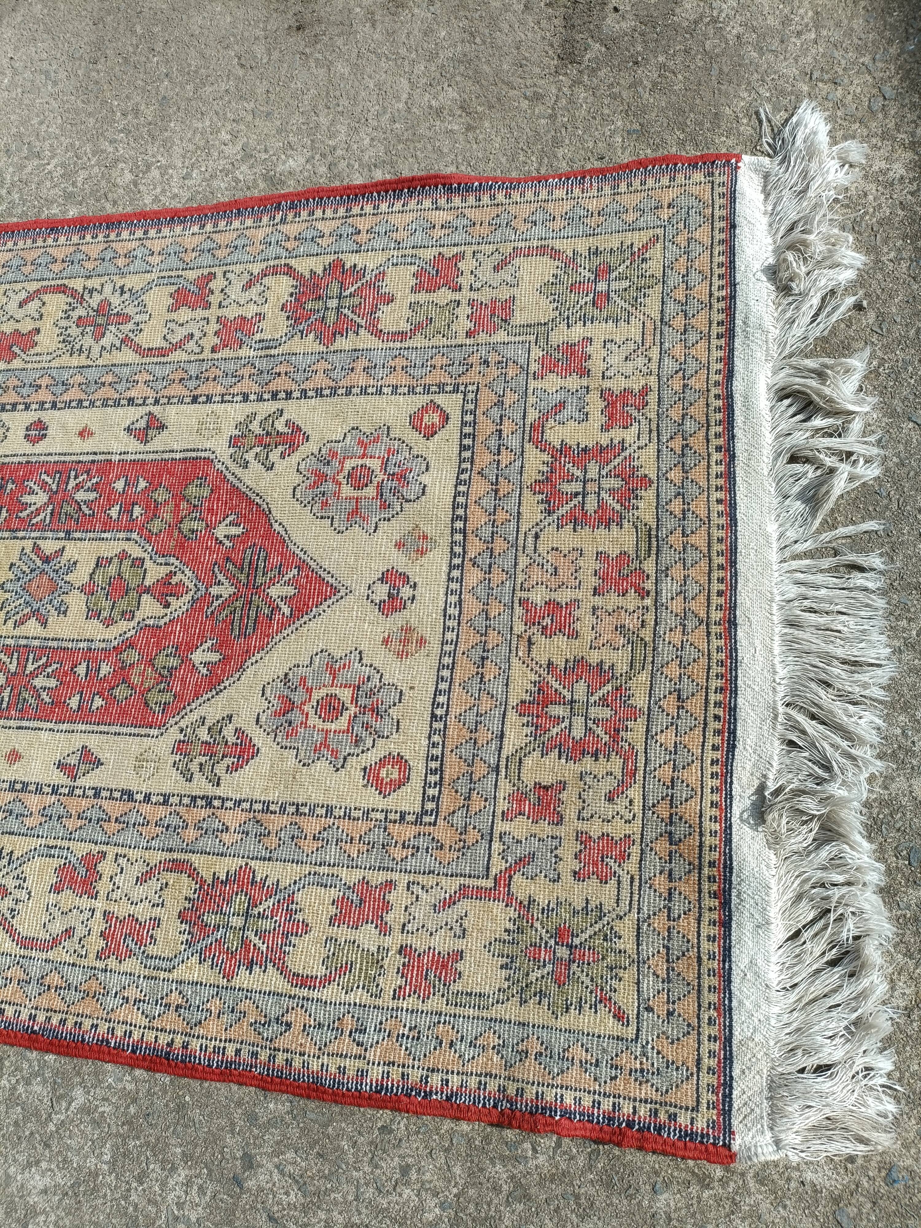 Handmade wool gallery carpet, geometric décor beige and red background, 3 m