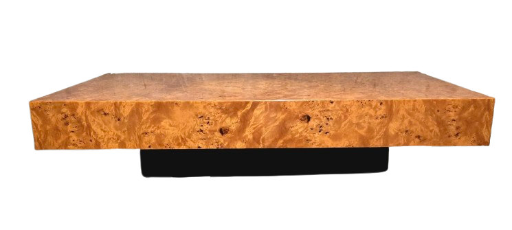 Coffee table by Jean-Claude Mahey for Roche Bobois, elm burl veneer, has