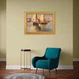 Signed painting and dated seascape with boats from the 20th century