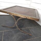 Table basse vintage en acier et cuir