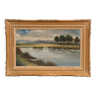 Oil on panel representing a pond 20th century