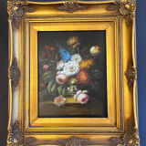 Oil on panel: still life with flowers