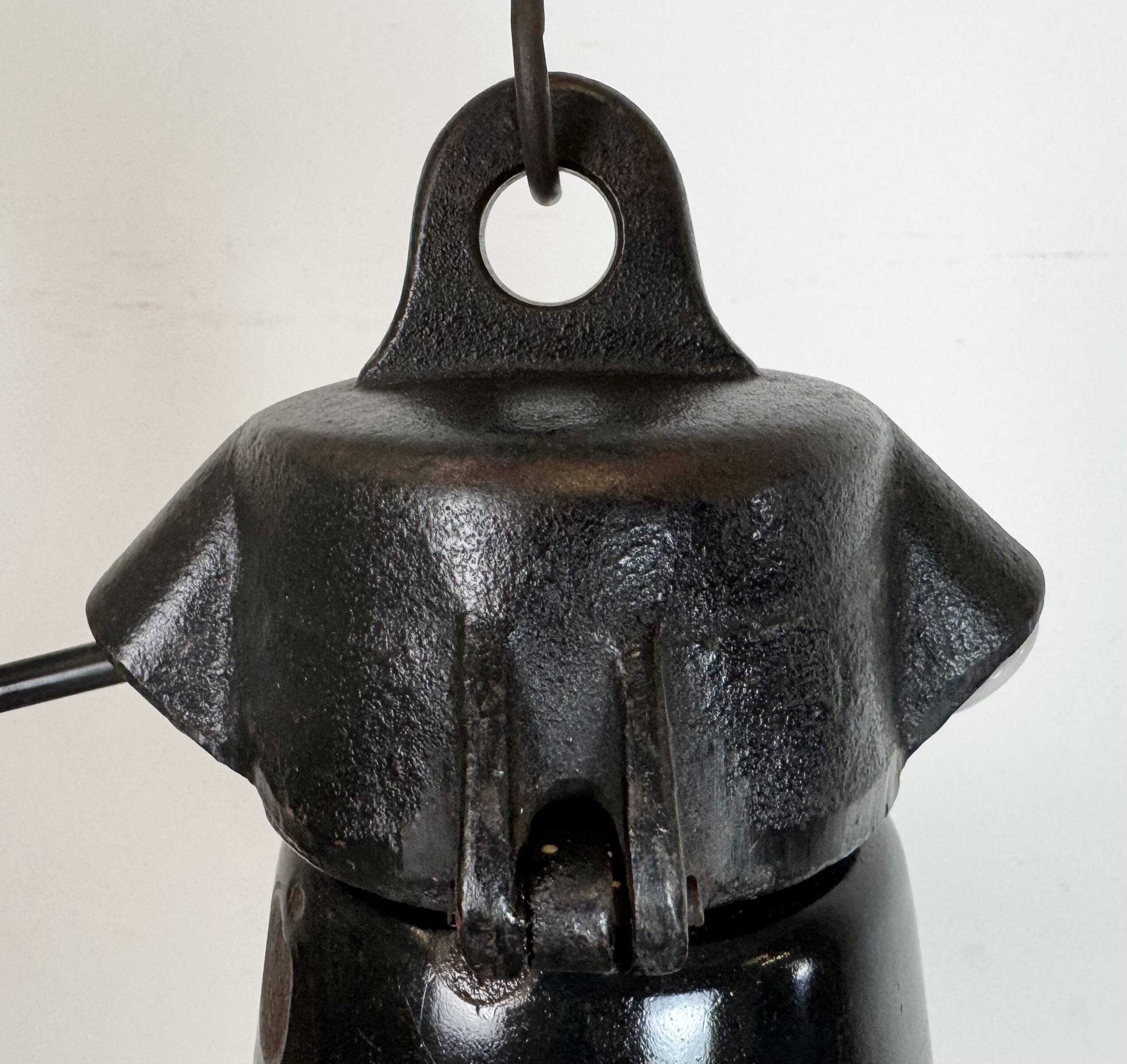 Industrial Black Enamel Factory Lamp with Cast Iron Top, 1950s