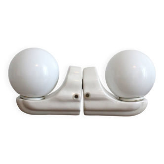 Pair of white ceramic wall lights, Bauhaus style, Italy
