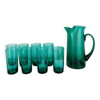 Service à orangeade en verre soufflé artisanal, années 60, carafe et verres