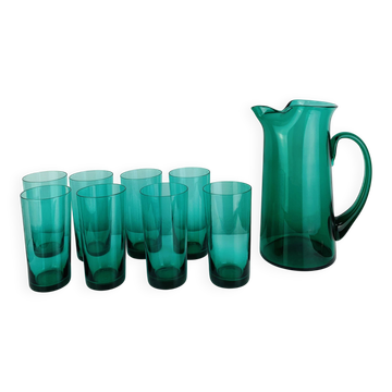 Service à orangeade en verre soufflé artisanal, années 60, carafe et verres