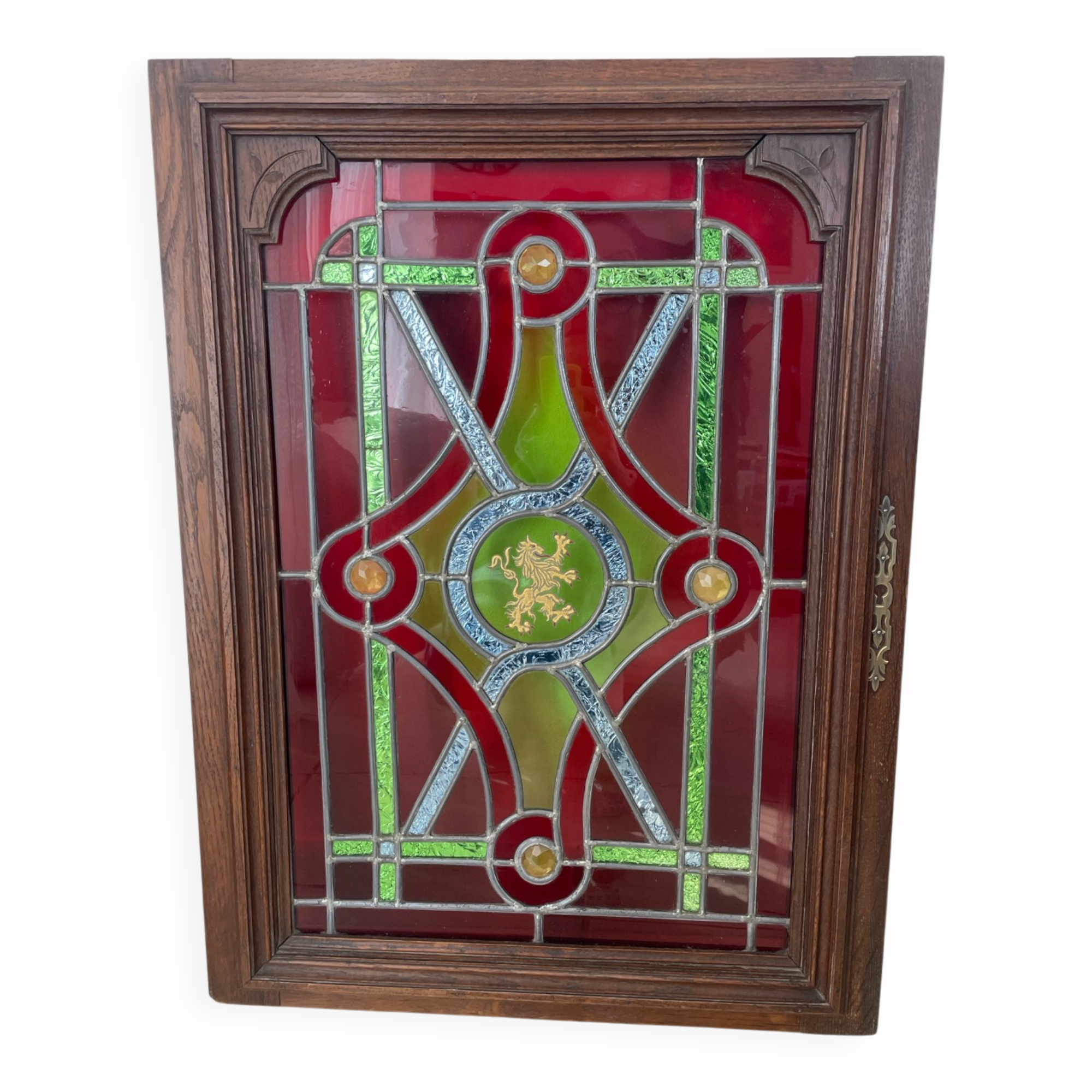 Traditional decorative stained glass – heraldic motif – wooden frame