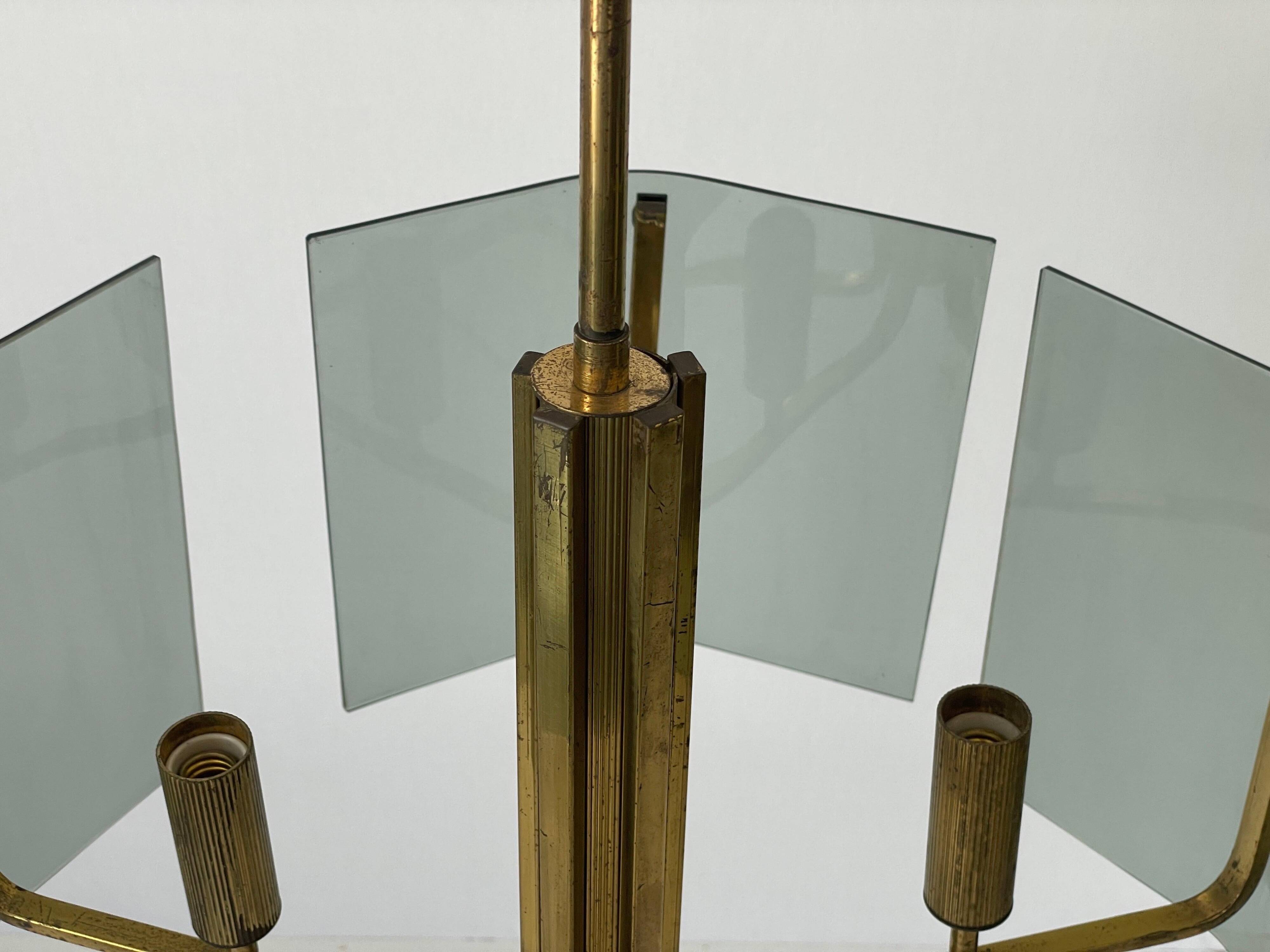Grey glass chandelier with a brass body, 1960, Italy