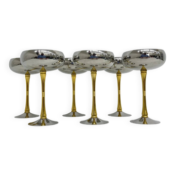 Ensemble de 6 coupes à champagne en acier inoxydable et laiton italien des années 1970.
