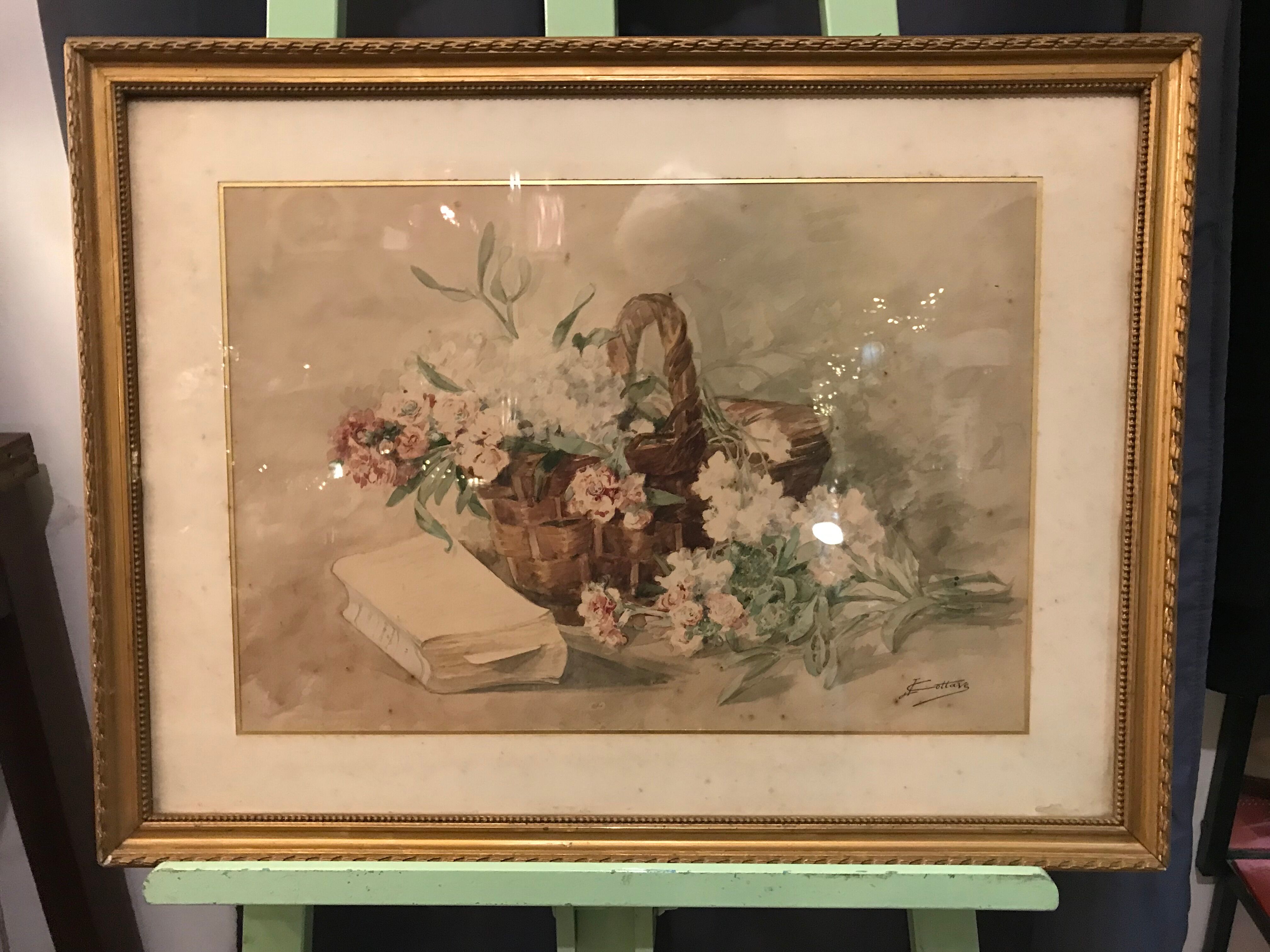 Basket of flowers watercolor painting - still life signed jeanne fabre cottave early twentieth