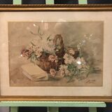 Basket of flowers watercolor painting - still life signed jeanne fabre cottave early twentieth
