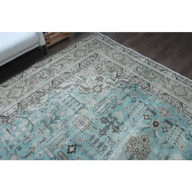 1970s Vintage Persian Handmade Wool Cotton Light Blue Area Rug 285x383