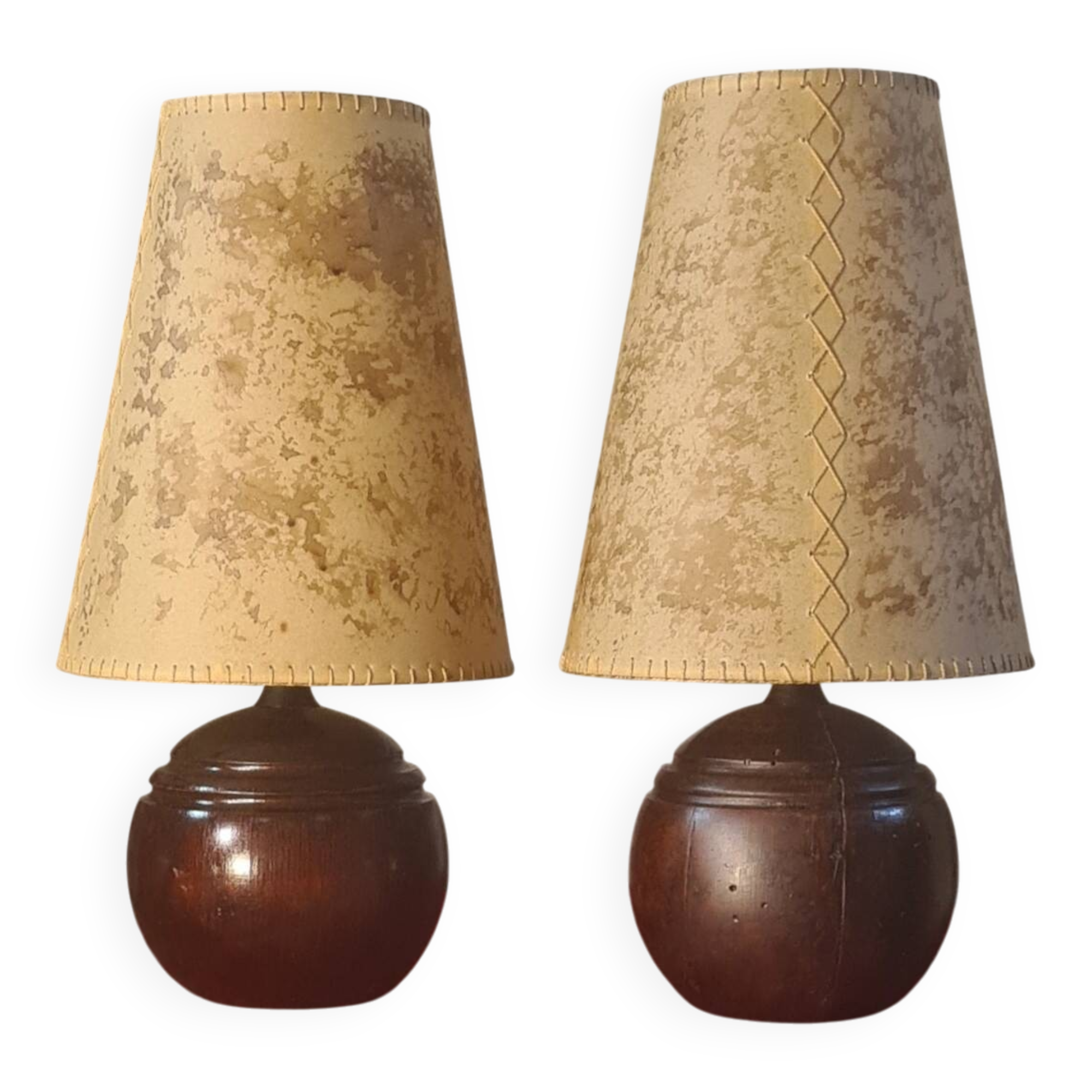 Pair of wooden ball lamps 1960 parchment lampshades electric redone 33x17