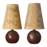 Pair of wooden ball lamps 1960 parchment lampshades electric redone 33x17