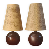 Pair of wooden ball lamps 1960 parchment lampshades electric redone 33x17