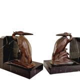 Art Deco spelter on marble bookends with cranes by Maurice Frecourt, France, 1920-30's