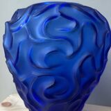 Blue frosted crystal vase Cristallerie de haute Bretagne France