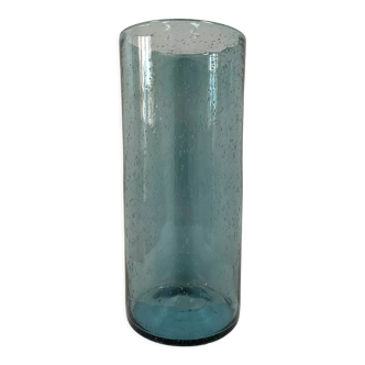 Vase en verre soufflé bullé bleu gris des années 60
