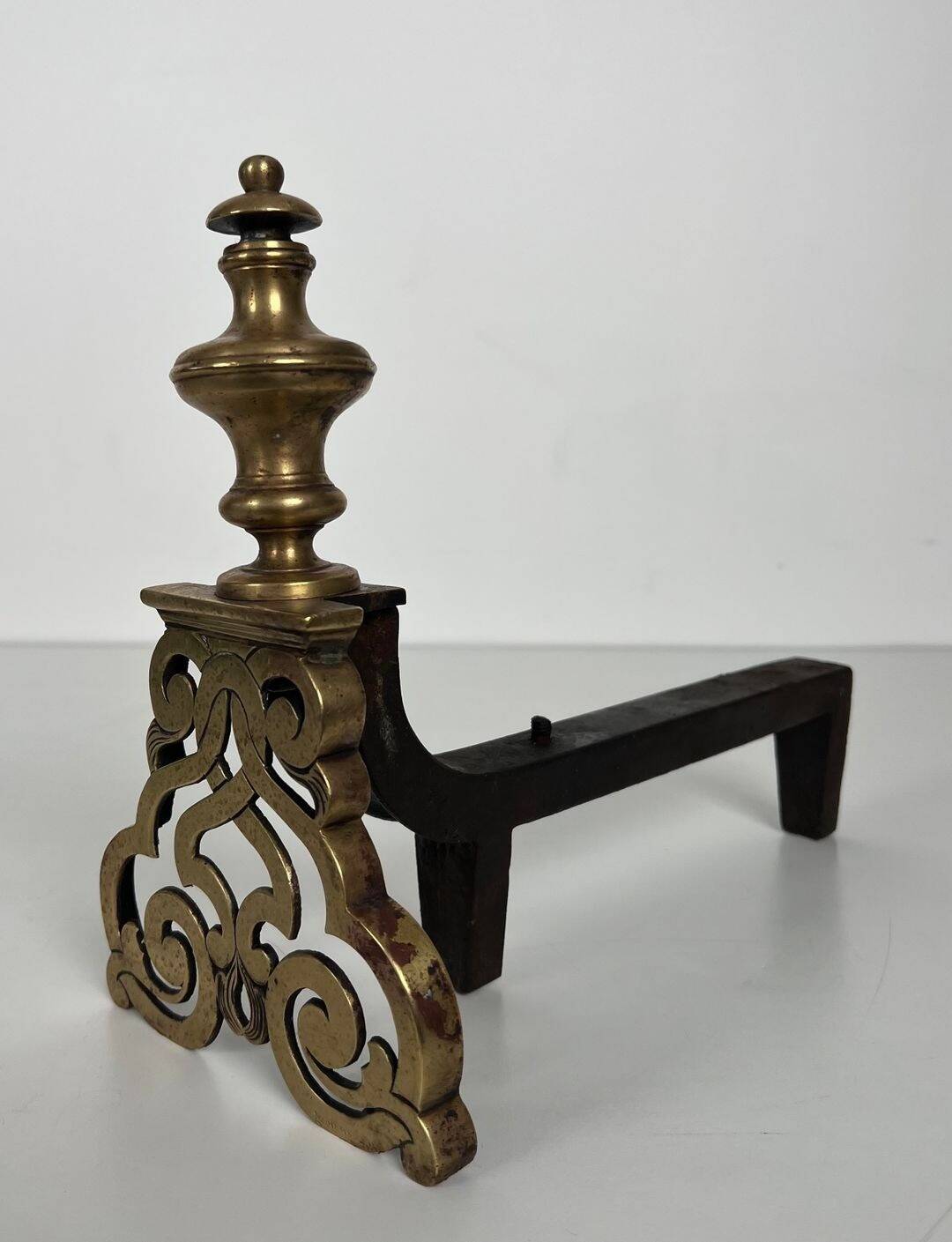 Pair of Chiselled Bronze and Wrought Iron Chenets in Louis XV Style
