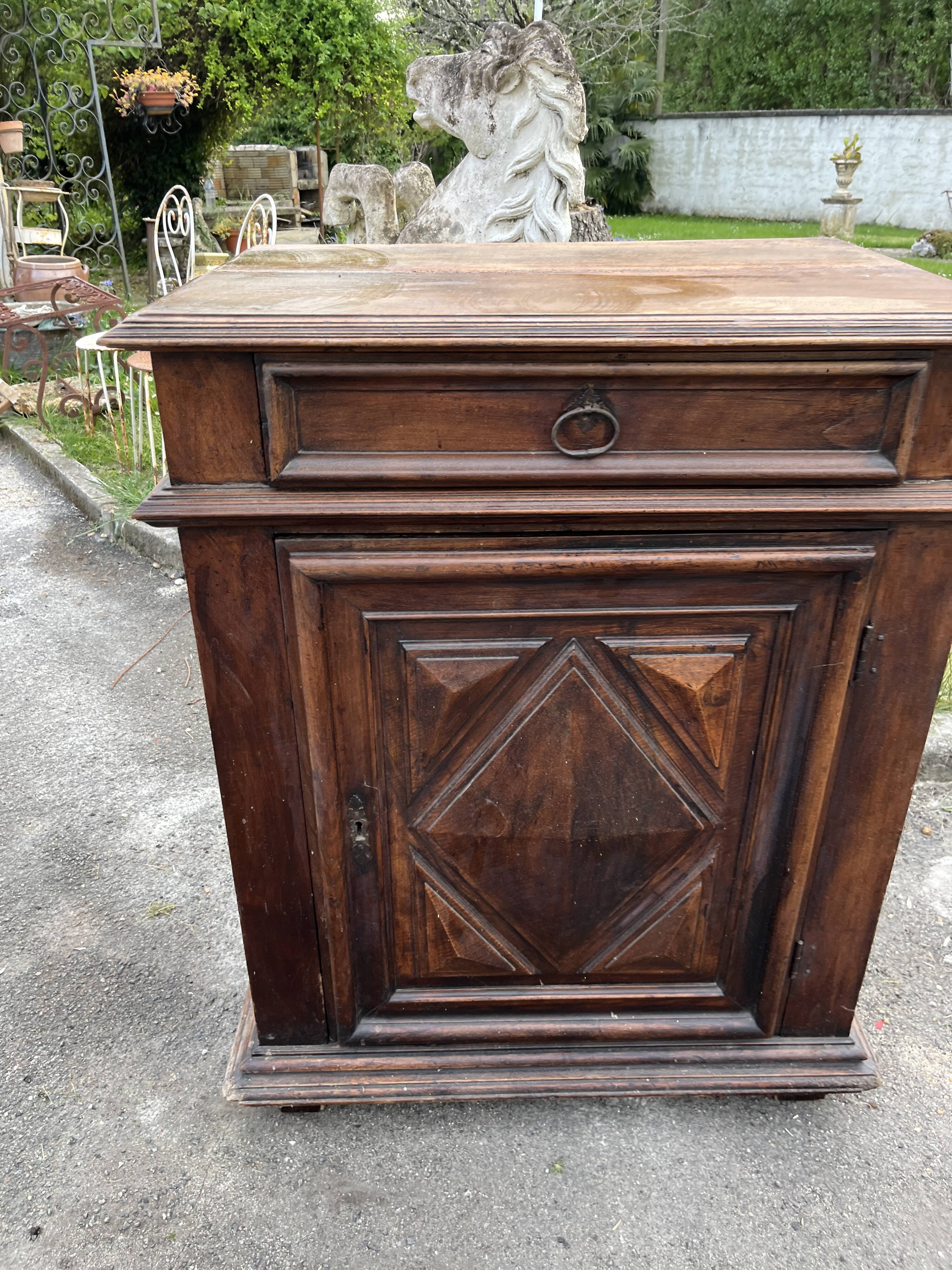 Antique walnut confiturier in Louis XIII style with diamond point panel.
