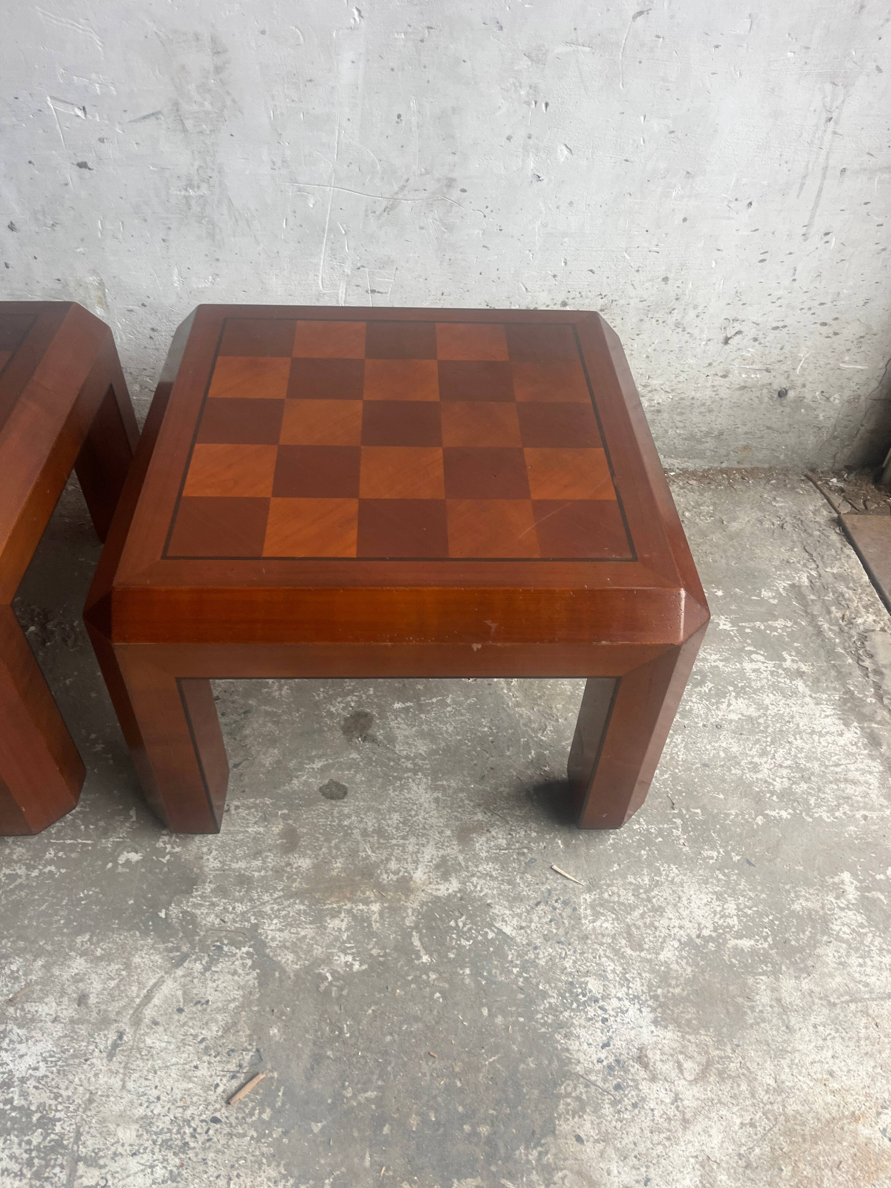 Pair of 1970s Checkered Parquet Side Tables — Warm Walnut Brown Wood, Geometric