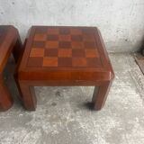Pair of 1970s Checkered Parquet Side Tables — Warm Walnut Brown Wood, Geometric