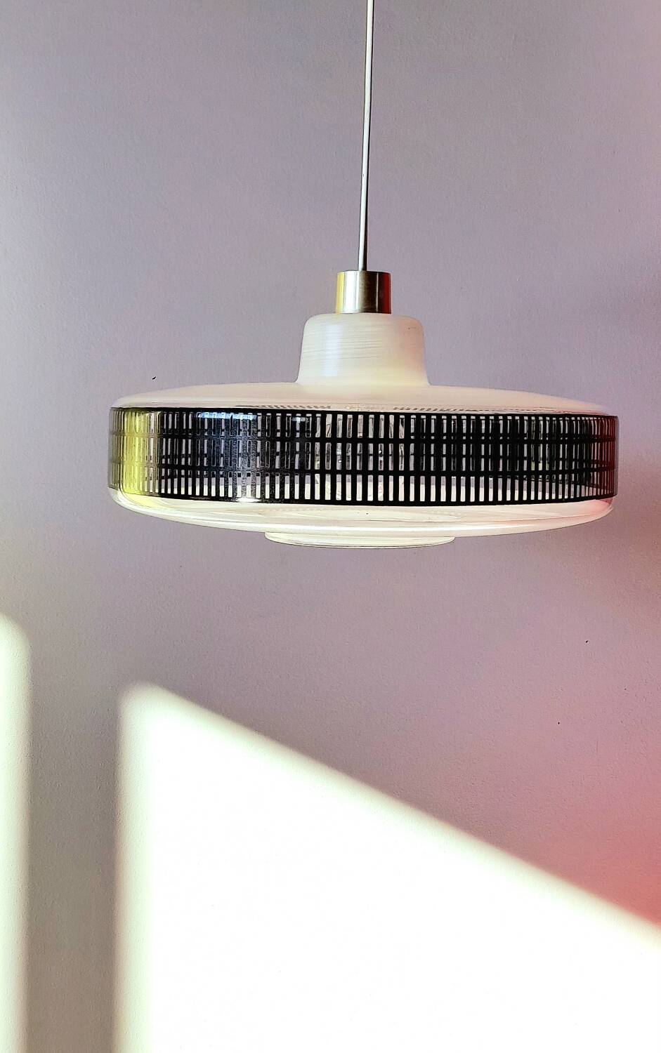 Silkscreened glass pendant light, 1950.