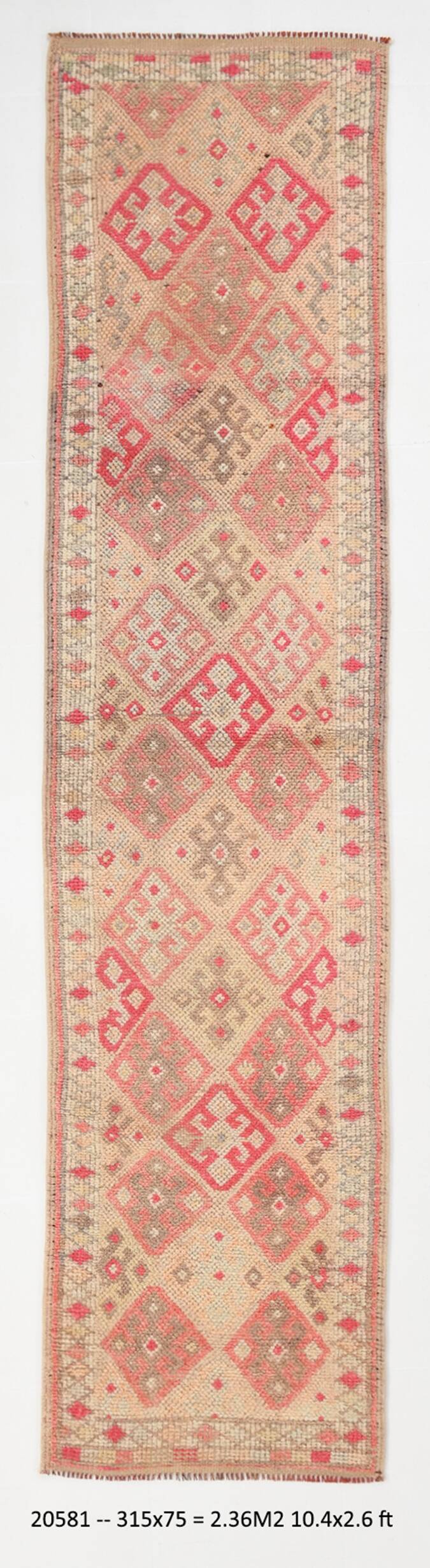 2x10 Red Pink Geometric Vintage Runner Rug,  75x315Cm