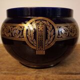 Cache-pot Sarreguemines ancien décor Empire bleu cobalt et or