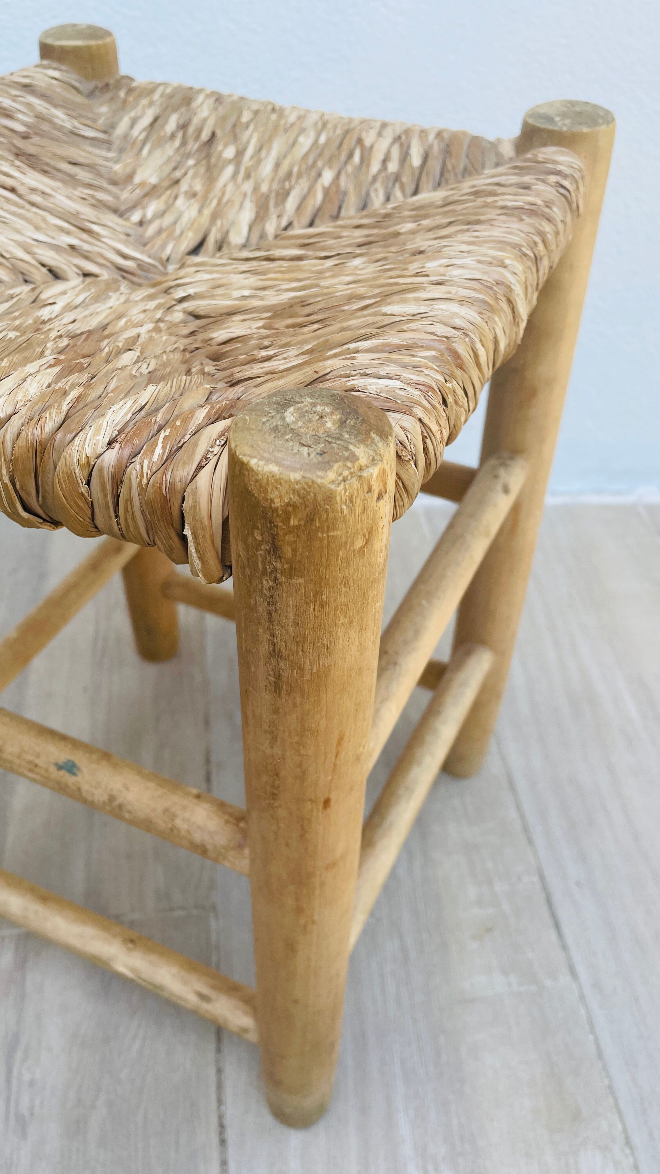 Wooden and straw stool vintage bohemian spirit