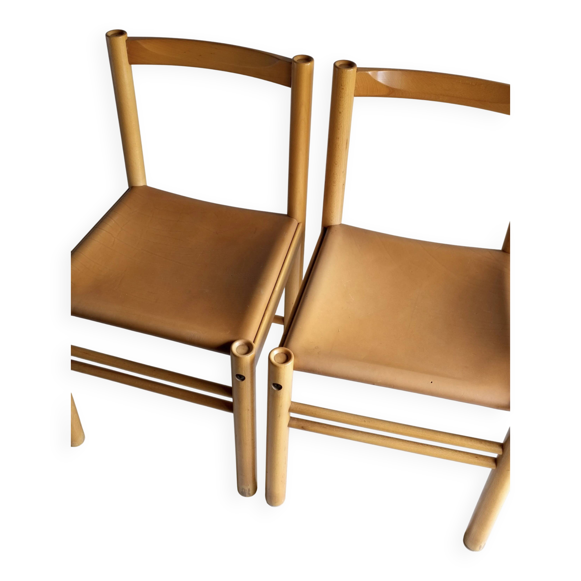 6 beech wood cognac leather chairs | Ibisco | Italy | 1960s