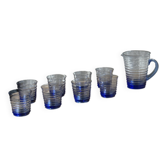 Vintage blue glass orangeade set with carafe and 8 glasses