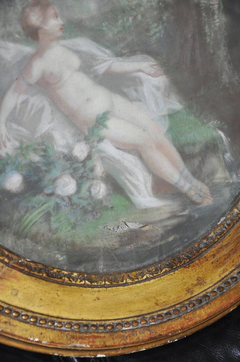 18th century oval pastel on canvas paper, country scene