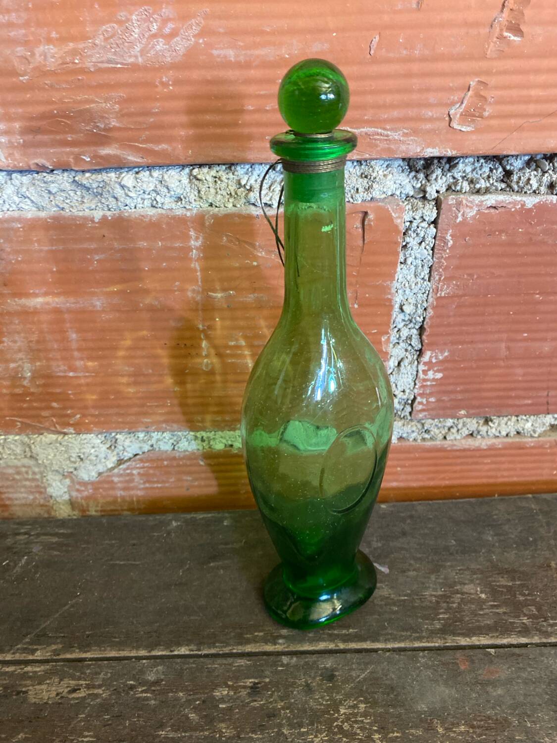 Old Green Bubble Glass Carafe Bottle with Vintage Stopper