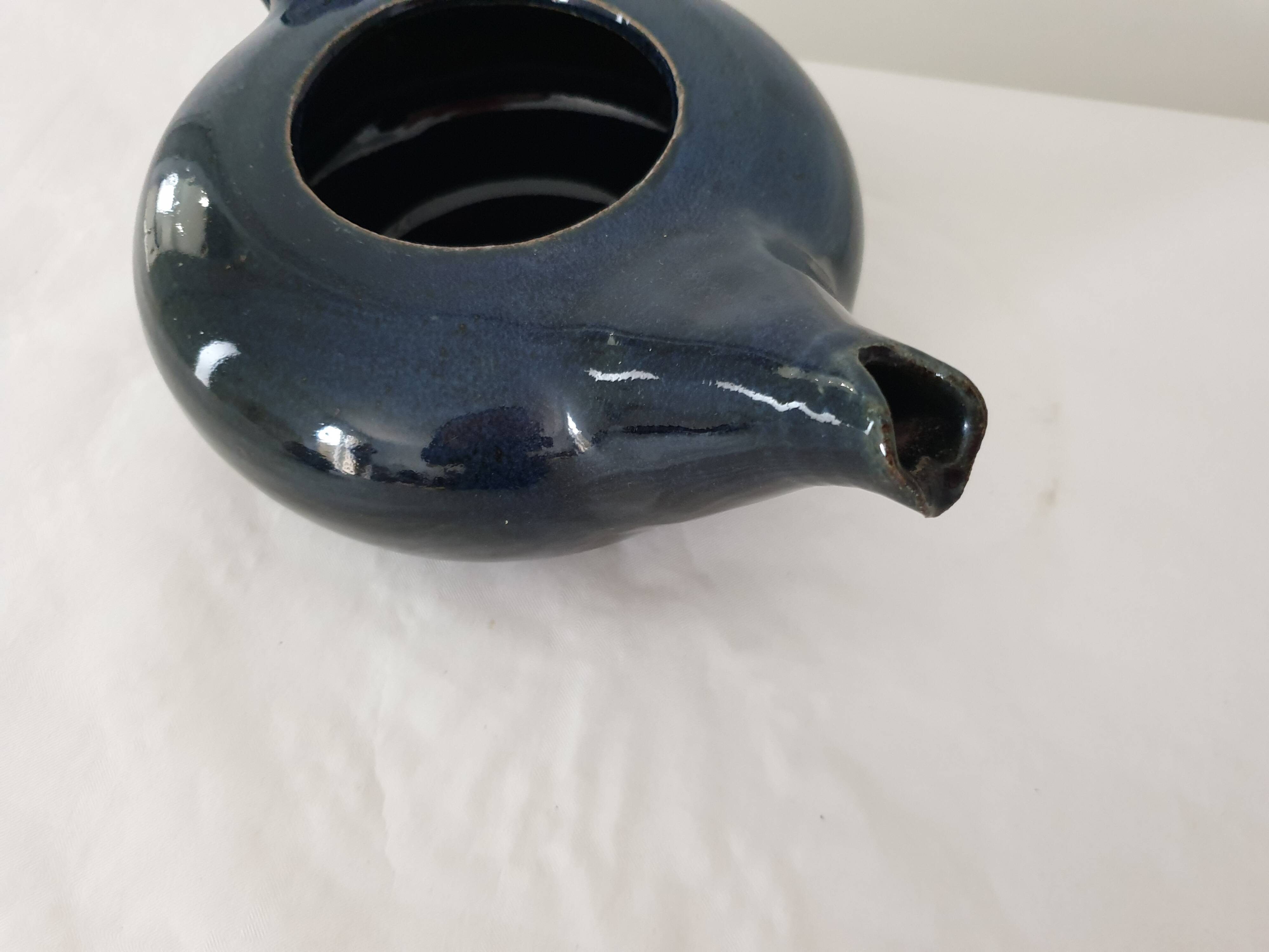 Blue glazed stoneware ceramic teapot Signed Pictogram Signature to identify