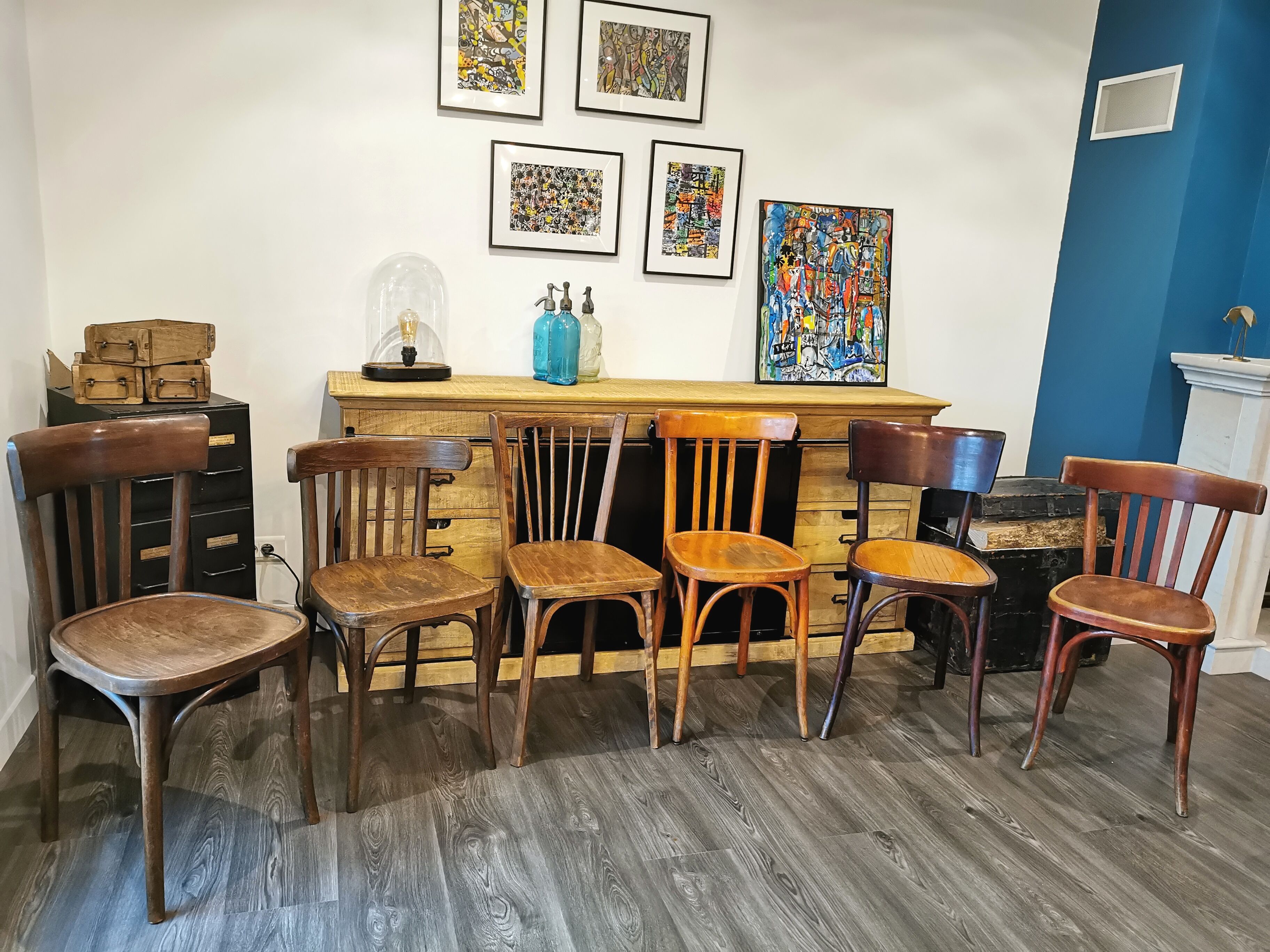 Series of 6 mismatched bistro chairs Baumann and Mahieu