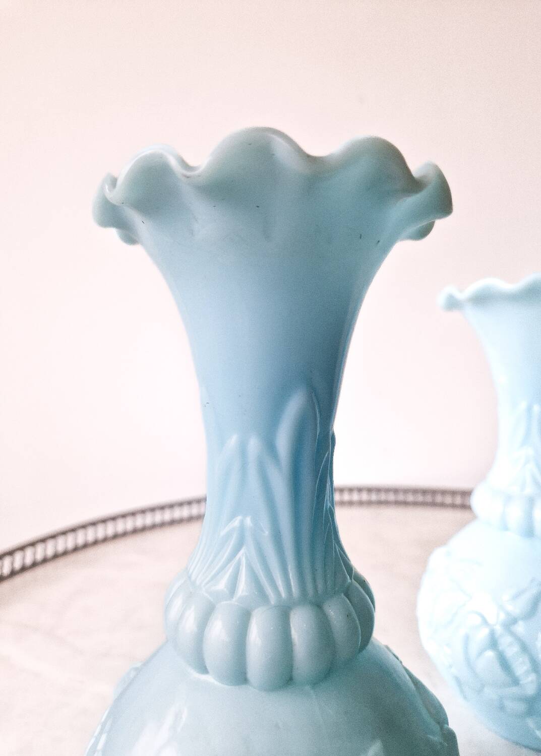 Pair of blue opaline vases from Vallérysthal Portieux decorated with roses