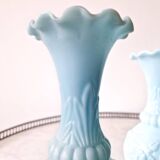 Pair of blue opaline vases from Vallérysthal Portieux decorated with roses
